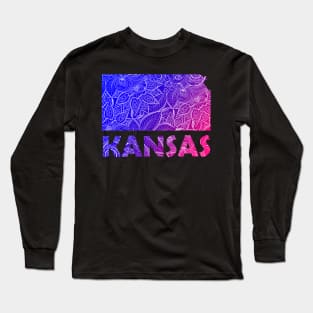 Colorful mandala art map of Kansas with text in blue and violet Long Sleeve T-Shirt